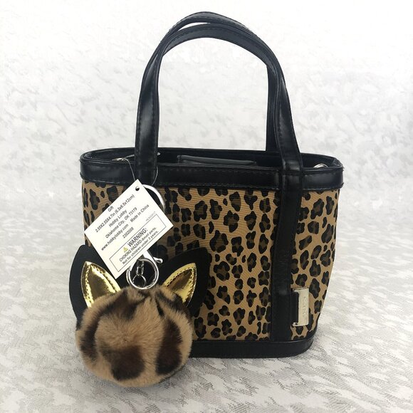 Rosetti Leopard and Black Multi-Pocket Small Purse with Pom-Pom Cat Keychain - Picture 1 of 12